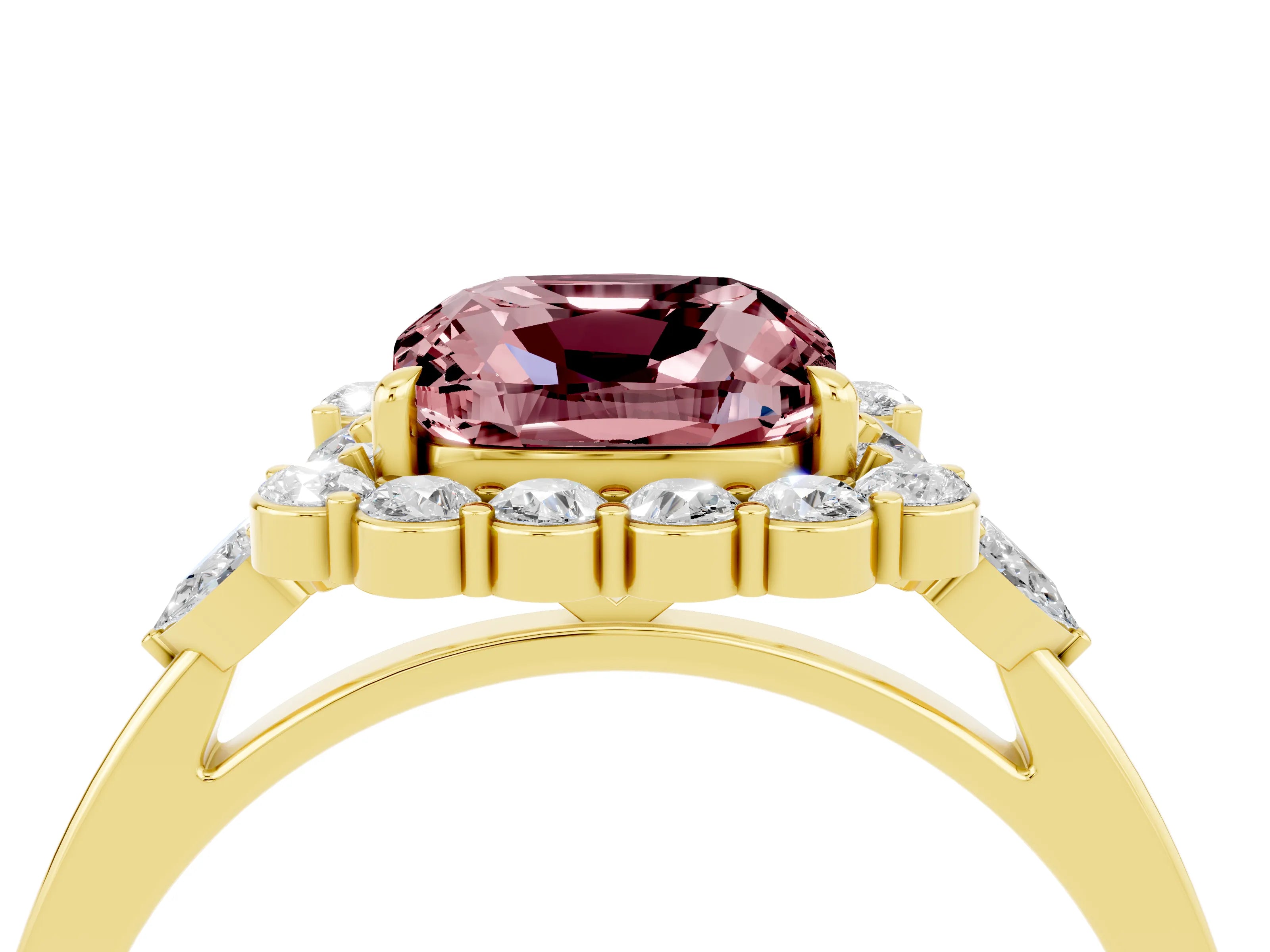 Yellow gold Cushion Cut Morganite Halo Ring with Pear Side Stones and Prong Setting_16