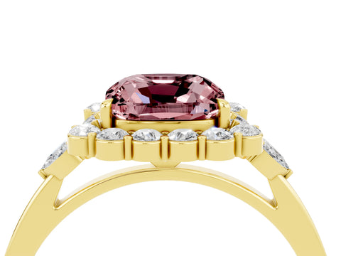 Yellow gold Cushion Cut Morganite Halo Ring with Pear Side Stones and Prong Setting_16
