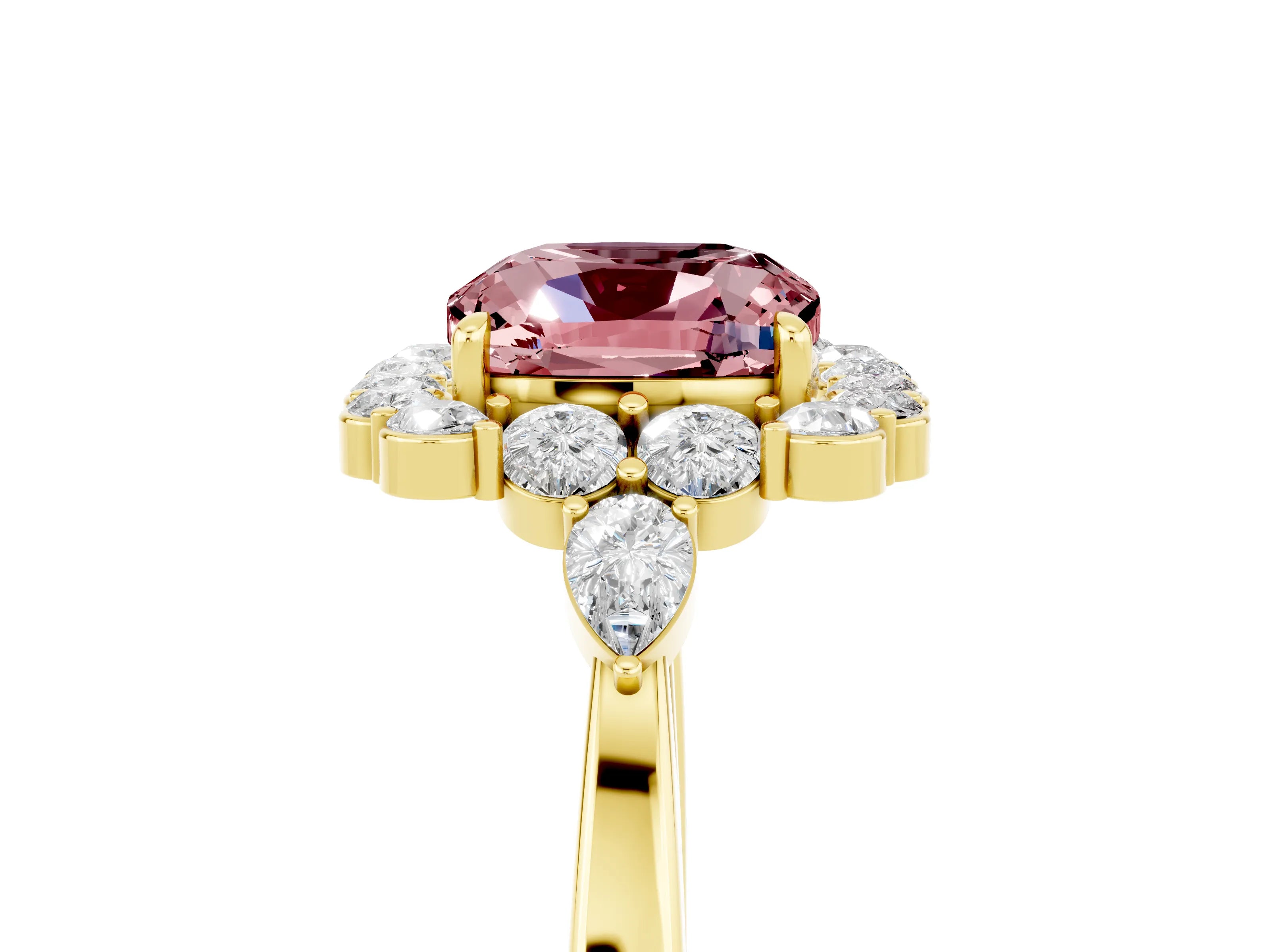 Yellow gold Cushion Cut Morganite Halo Ring with Pear Side Stones and Prong Setting_17