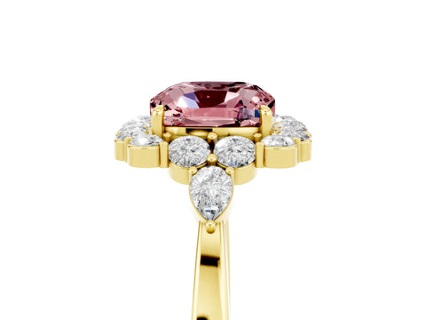Yellow gold Cushion Cut Morganite Halo Ring with Pear Side Stones and Prong Setting_17
