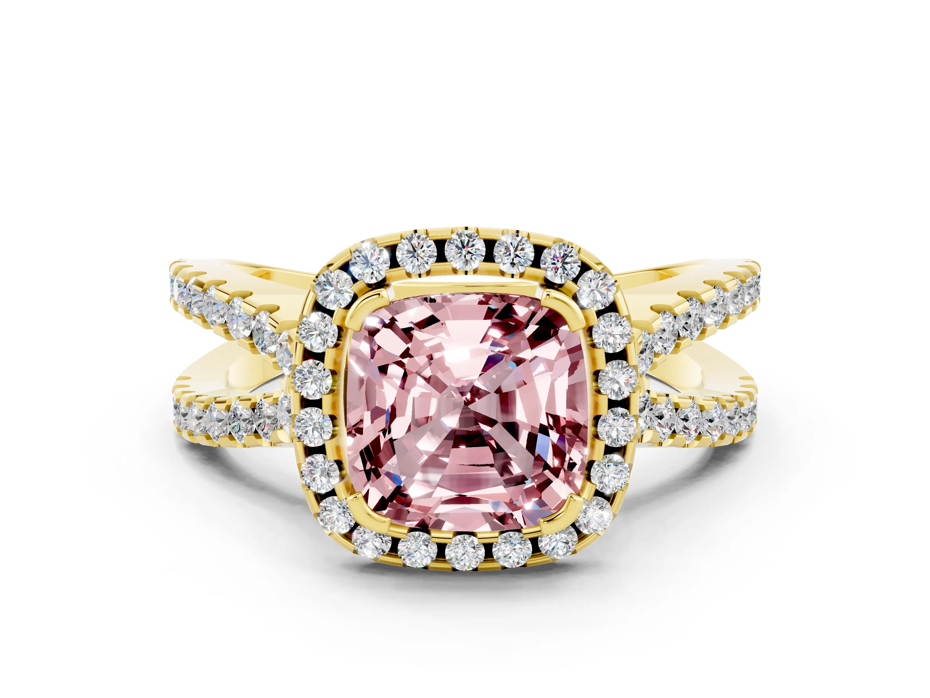 Yellow gold Cushion Cut Morganite Halo Ring with Split Shank Pavé Band and Prong Setting