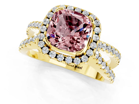 Yellow gold Cushion Cut Morganite Halo Ring with Split Shank Pavé Band and Prong Setting_1