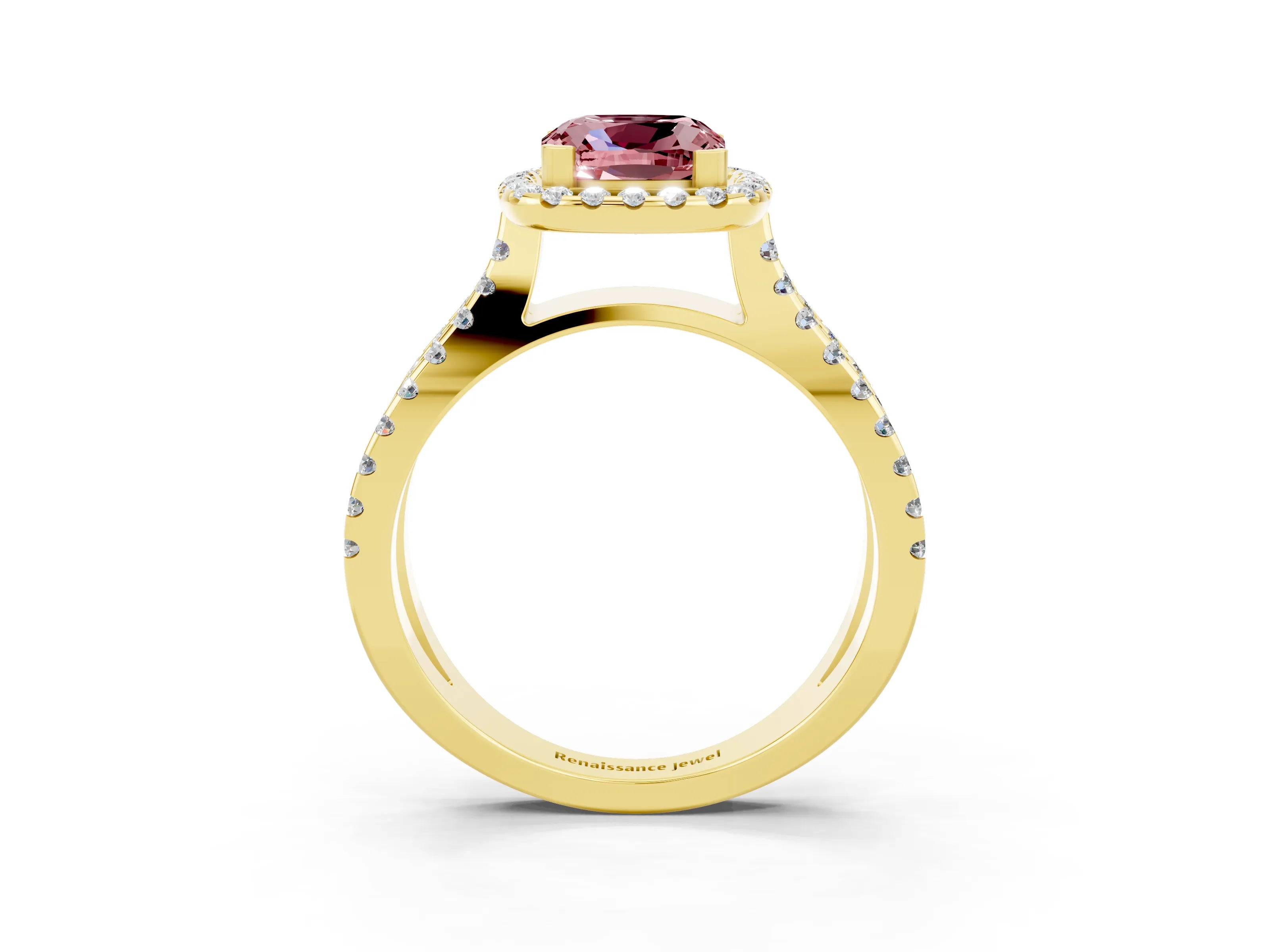 Yellow gold Cushion Cut Morganite Halo Ring with Split Shank Pavé Band and Prong Setting_3