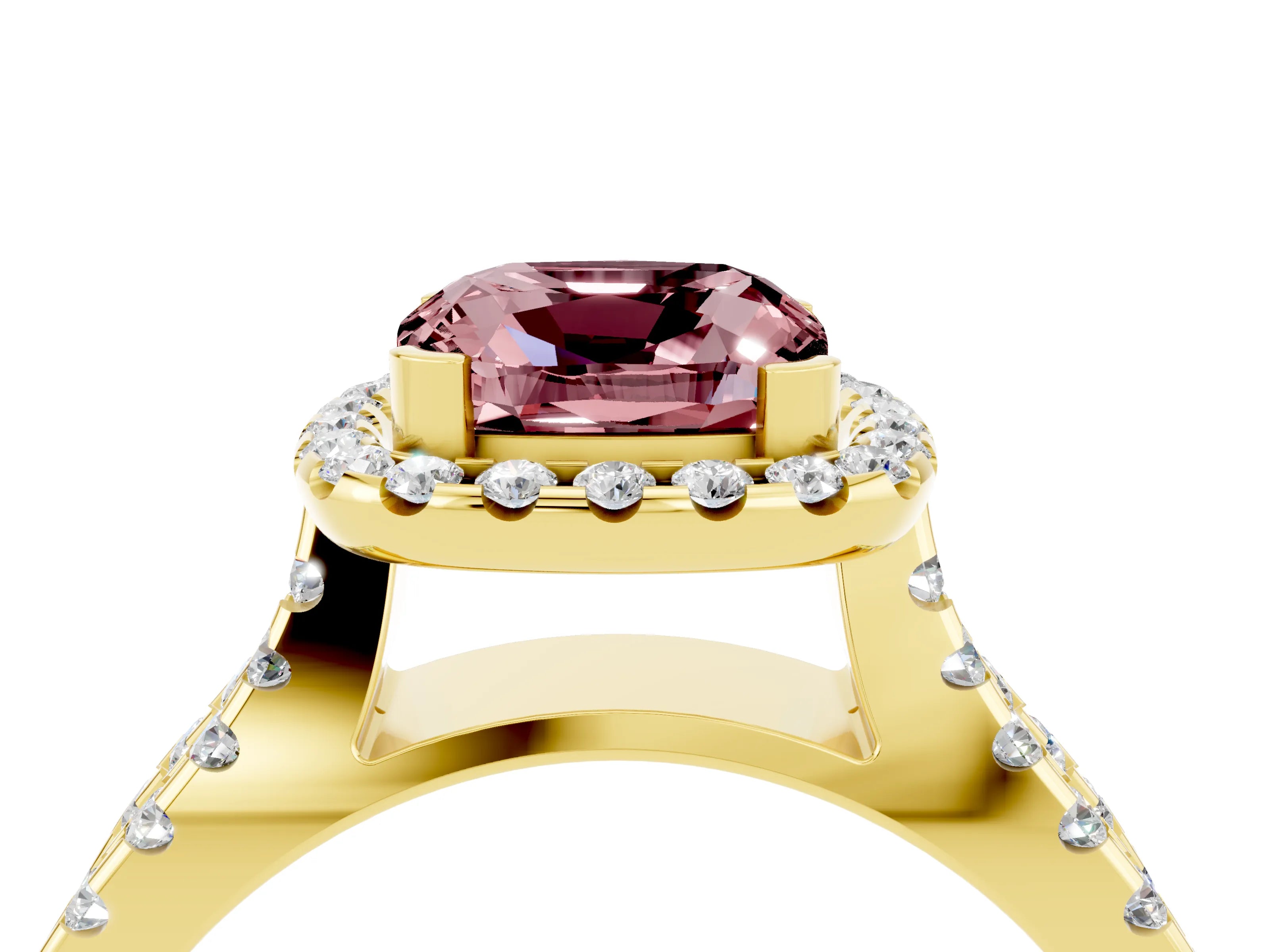 Yellow gold Cushion Cut Morganite Halo Ring with Split Shank Pavé Band and Prong Setting_4