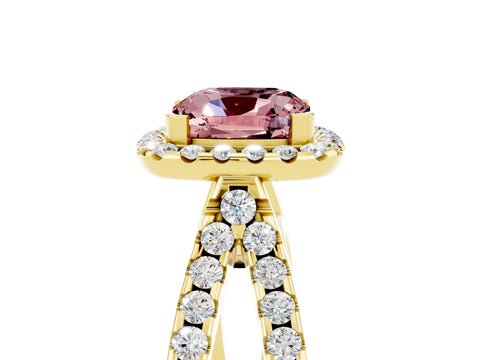 Yellow gold Cushion Cut Morganite Halo Ring with Split Shank Pavé Band and Prong Setting_5