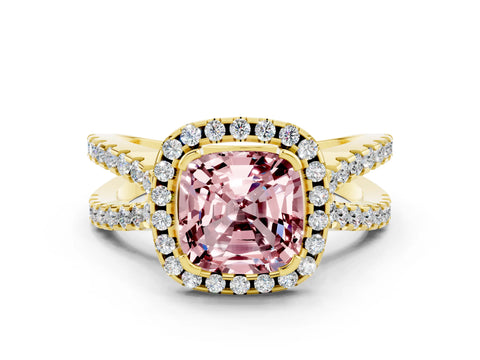 Yellow gold Cushion Cut Morganite Halo Ring with Split Shank Pavé Band and Prong Setting