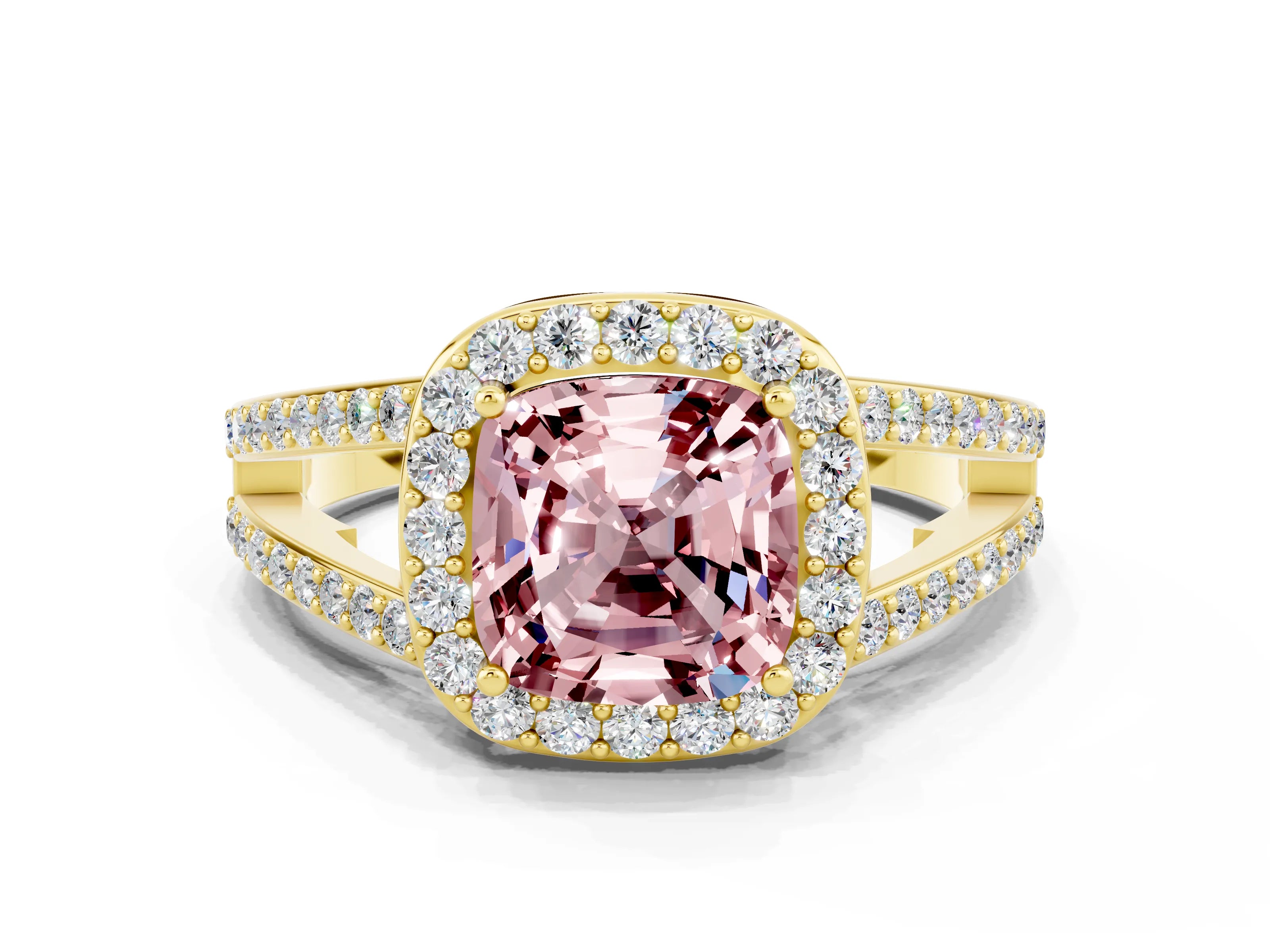 Yellow gold Cushion Cut Morganite Halo Ring with Split Shank U-Prong Band and Four-Prong Setting