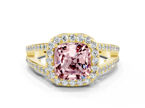Yellow gold Cushion Cut Morganite Halo Ring with Split Shank U-Prong Band and Four-Prong Setting