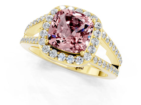 Yellow gold Cushion Cut Morganite Halo Ring with Split Shank U-Prong Band and Four-Prong Setting_1