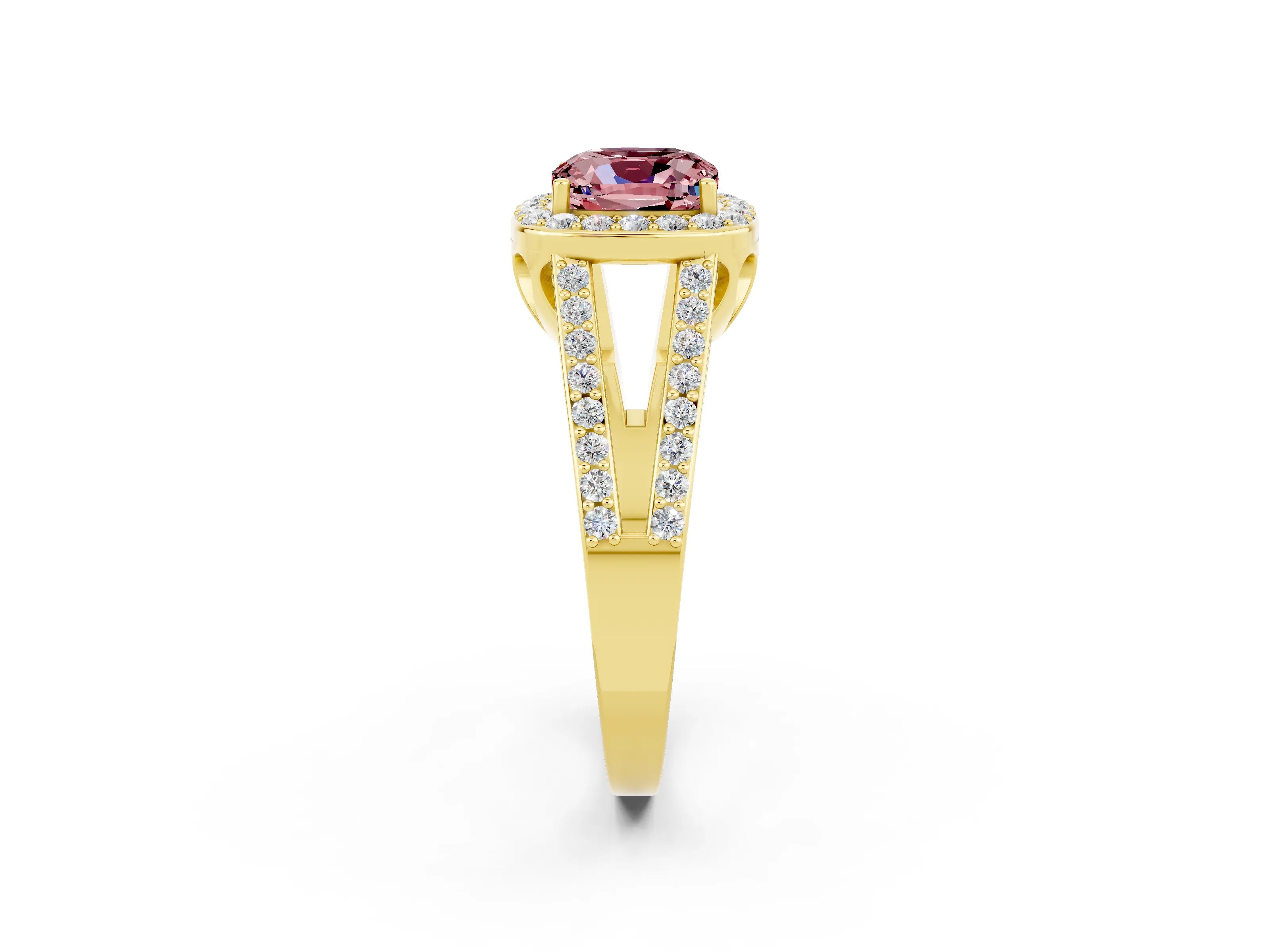 Yellow gold Cushion Cut Morganite Halo Ring with Split Shank U-Prong Band and Four-Prong Setting_2
