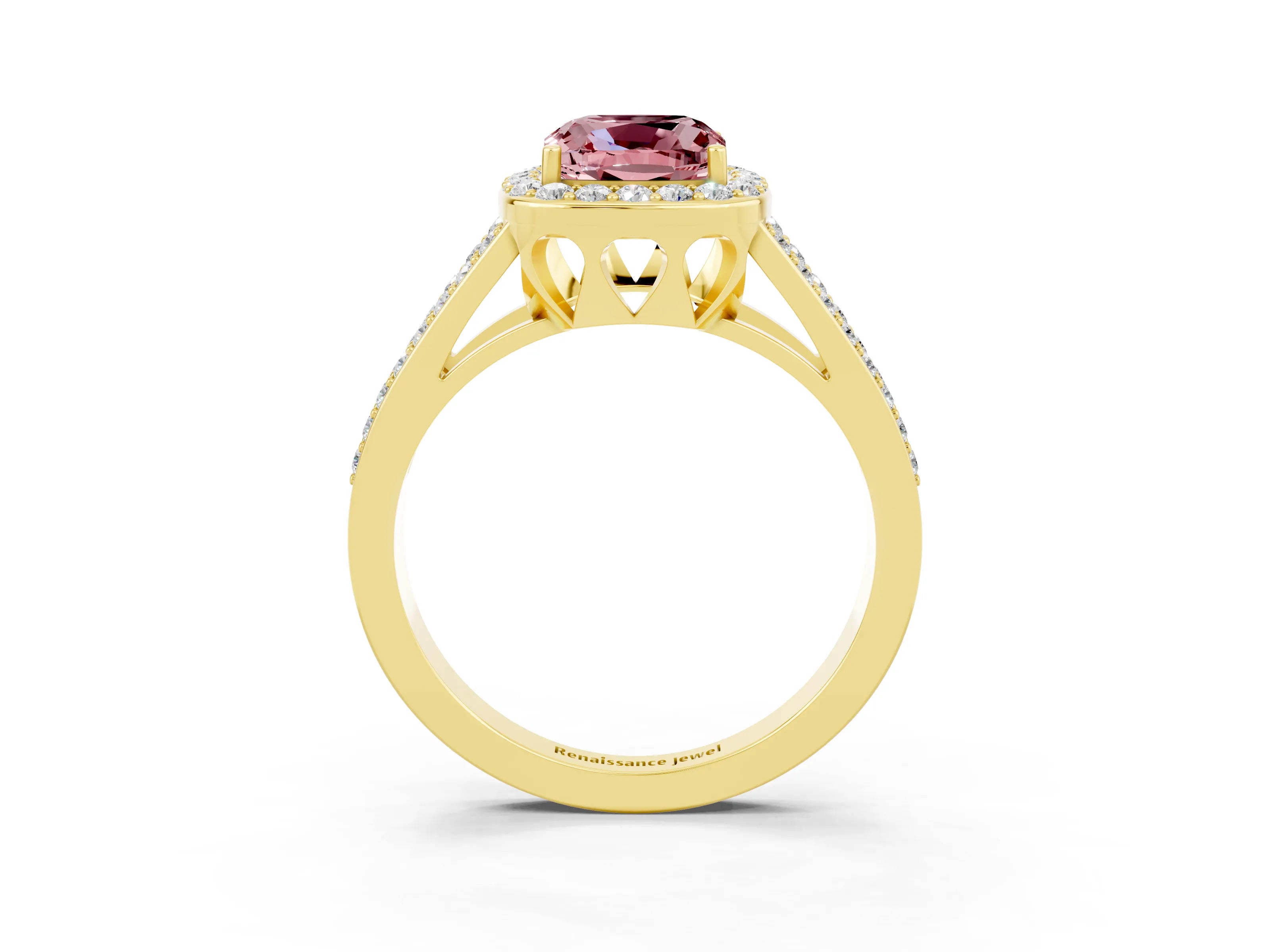 Yellow gold Cushion Cut Morganite Halo Ring with Split Shank U-Prong Band and Four-Prong Setting_3