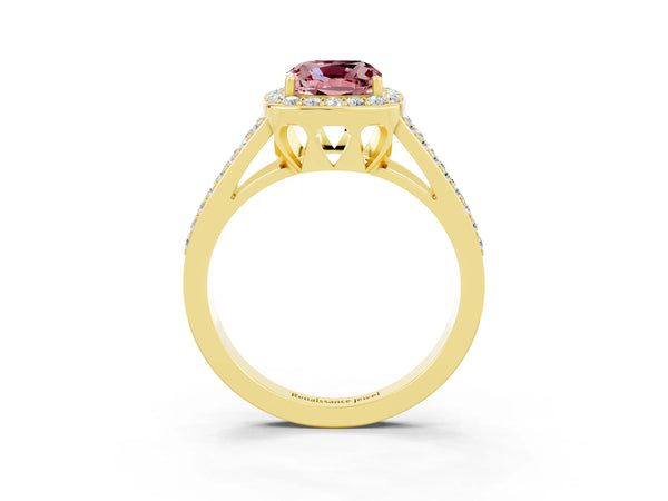 Yellow gold Cushion Cut Morganite Halo Ring with Split Shank U-Prong Band and Four-Prong Setting