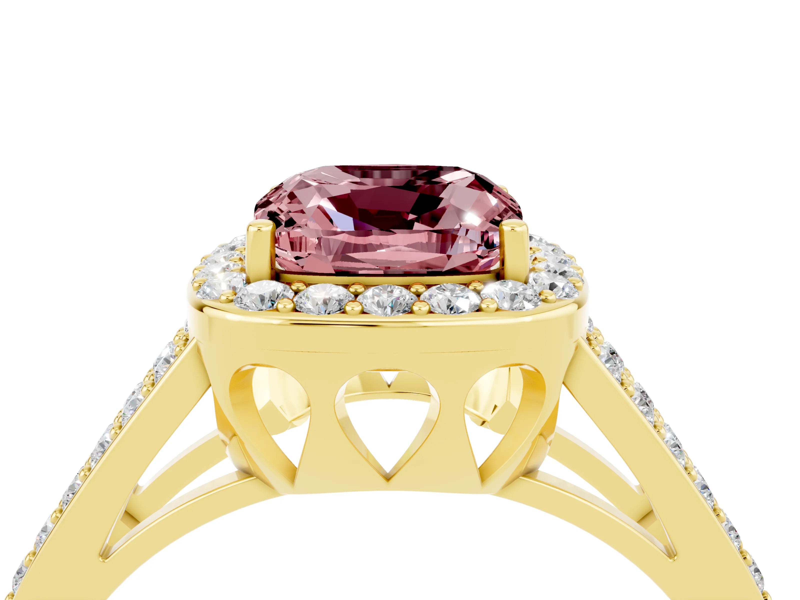 Yellow gold Cushion Cut Morganite Halo Ring with Split Shank U-Prong Band and Four-Prong Setting_4