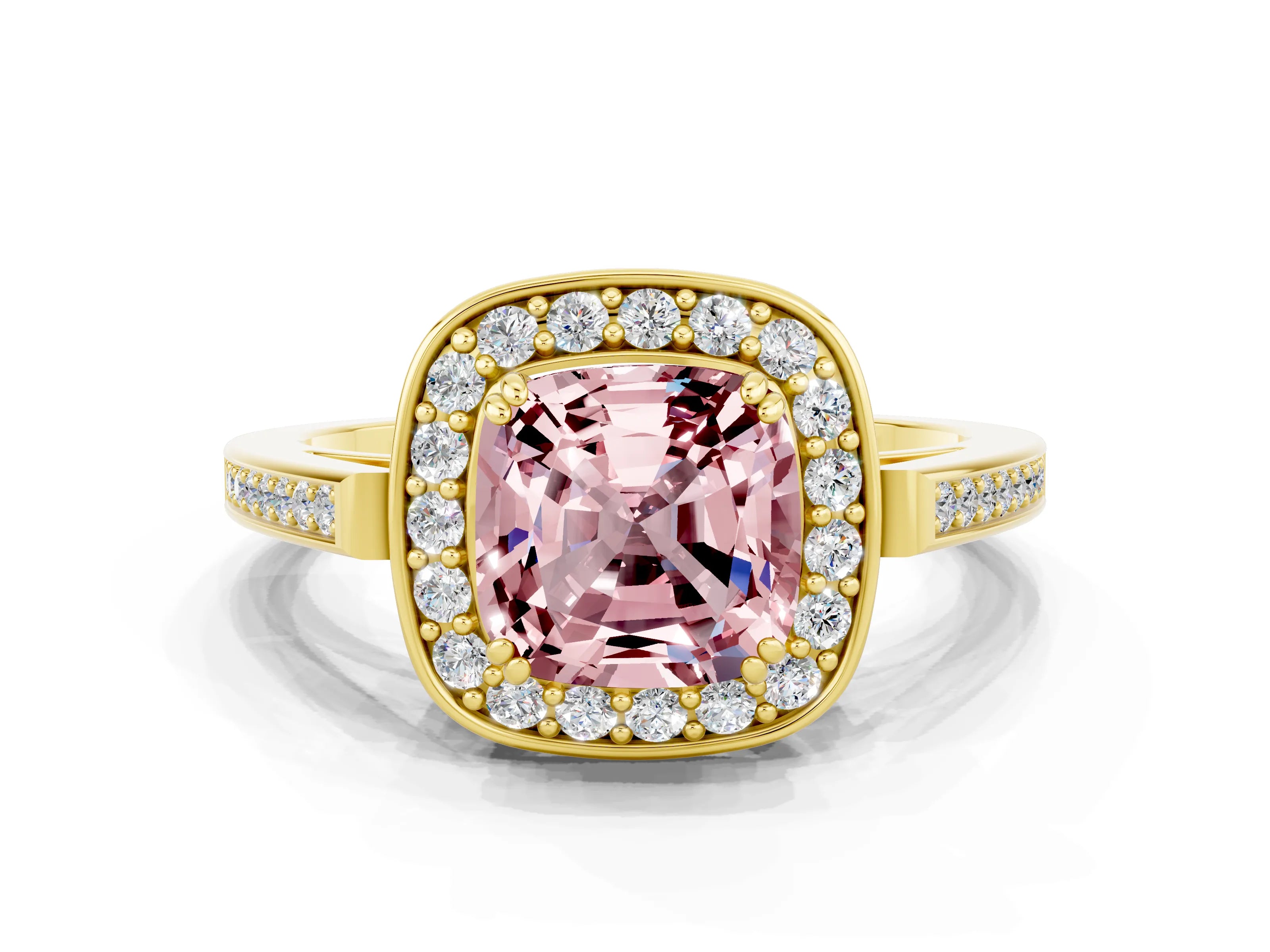 Yellow gold Cushion Cut Morganite Halo Ring with Split Shank and Four-Prong Setting_19
