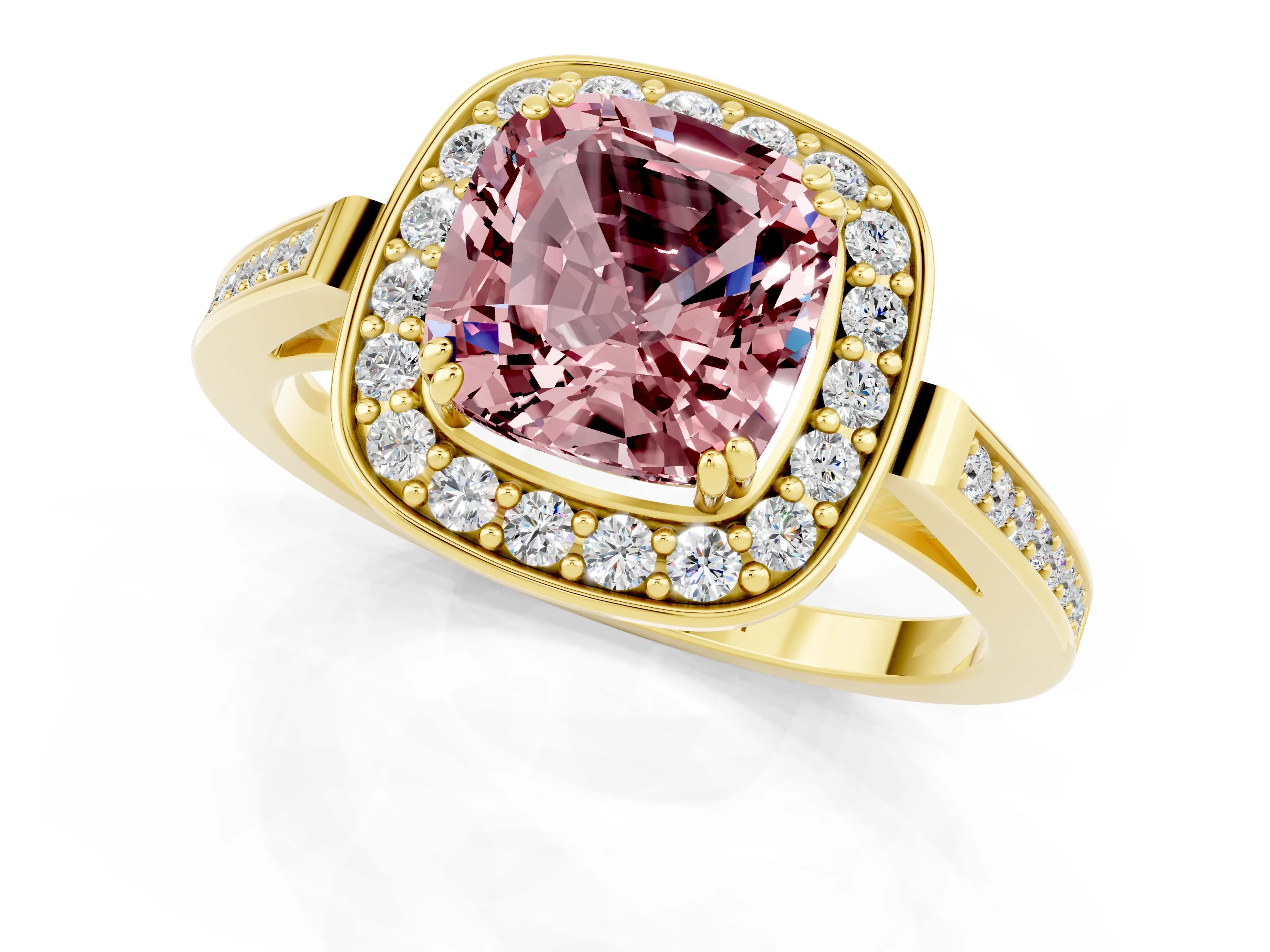 Yellow gold Cushion Cut Morganite Halo Ring with Split Shank and Four-Prong Setting_20