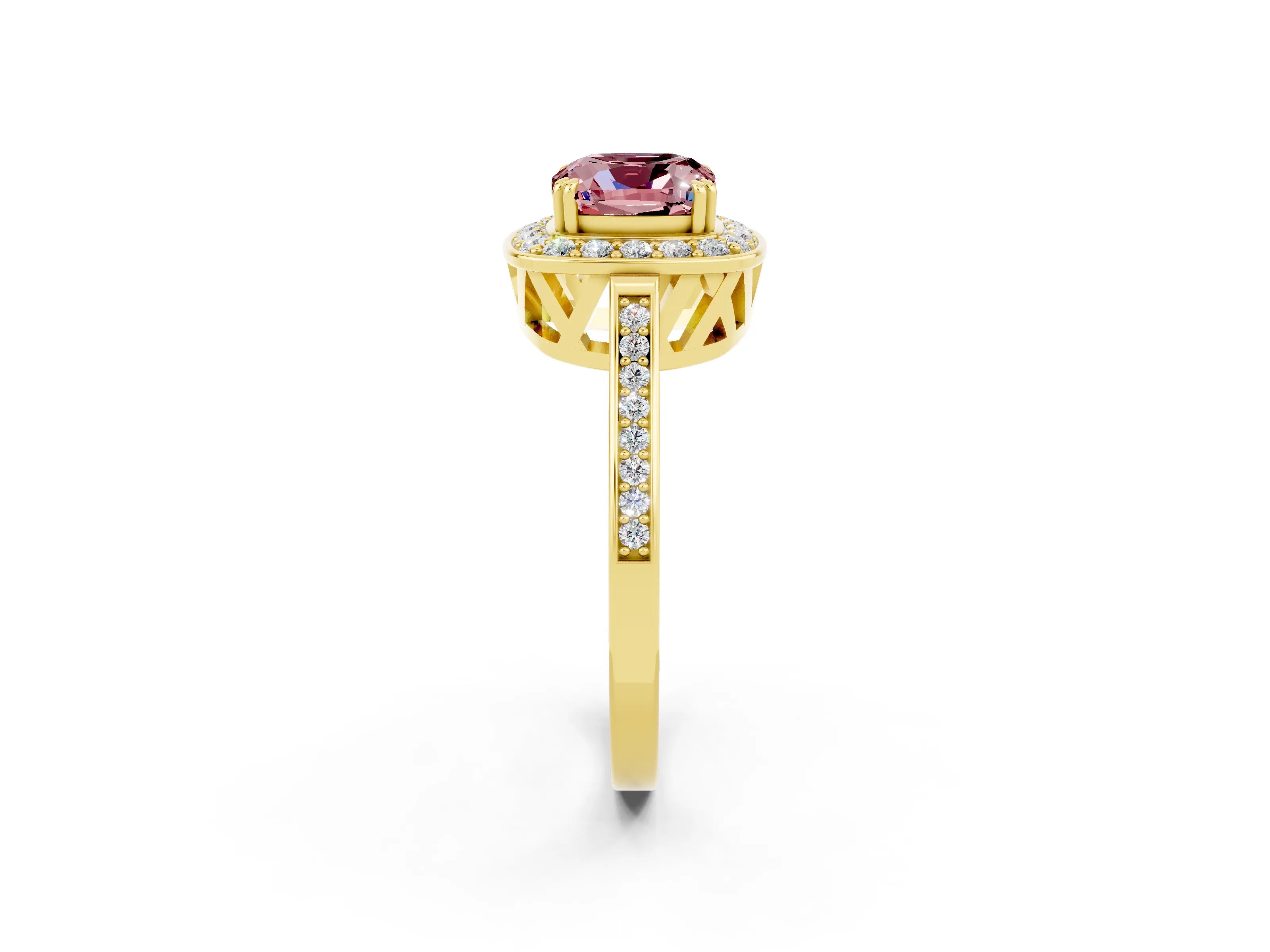 Yellow gold Cushion Cut Morganite Halo Ring with Split Shank and Four-Prong Setting_21