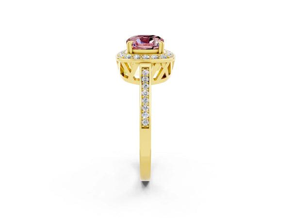 Yellow gold Cushion Cut Morganite Halo Ring with Split Shank and Four-Prong Setting