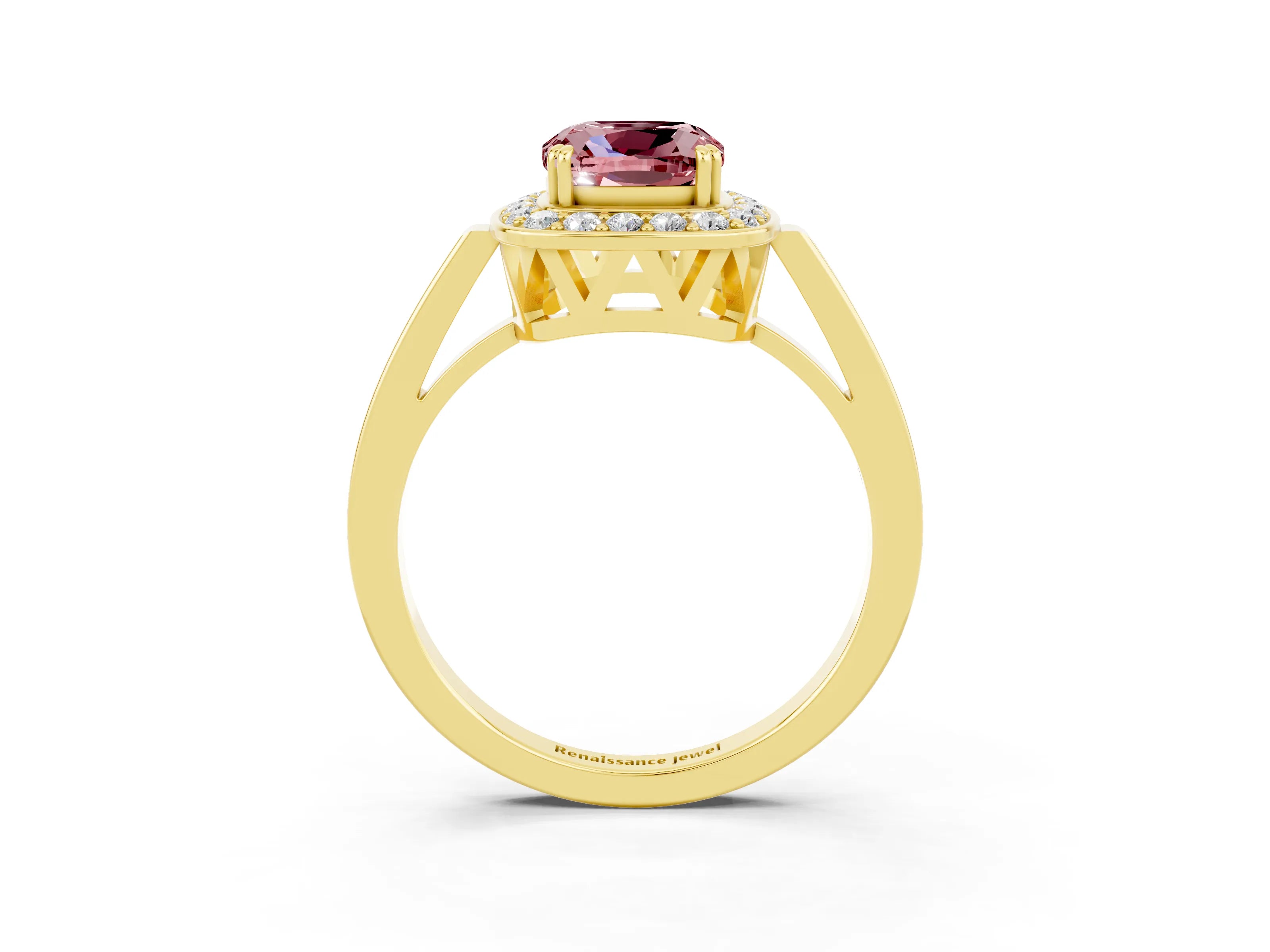 Yellow gold Cushion Cut Morganite Halo Ring with Split Shank and Four-Prong Setting_22