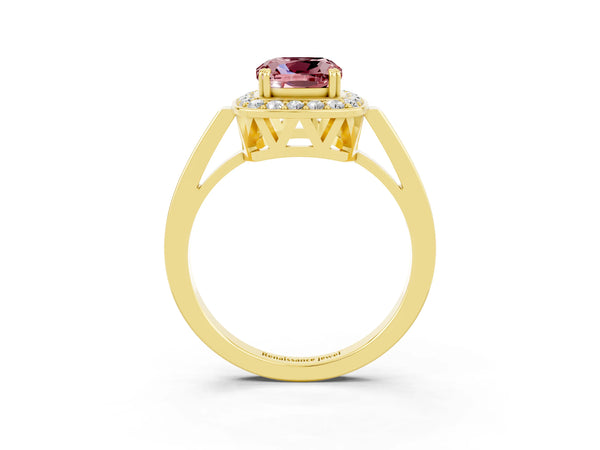 Yellow gold Cushion Cut Morganite Halo Ring with Split Shank and Four-Prong Setting