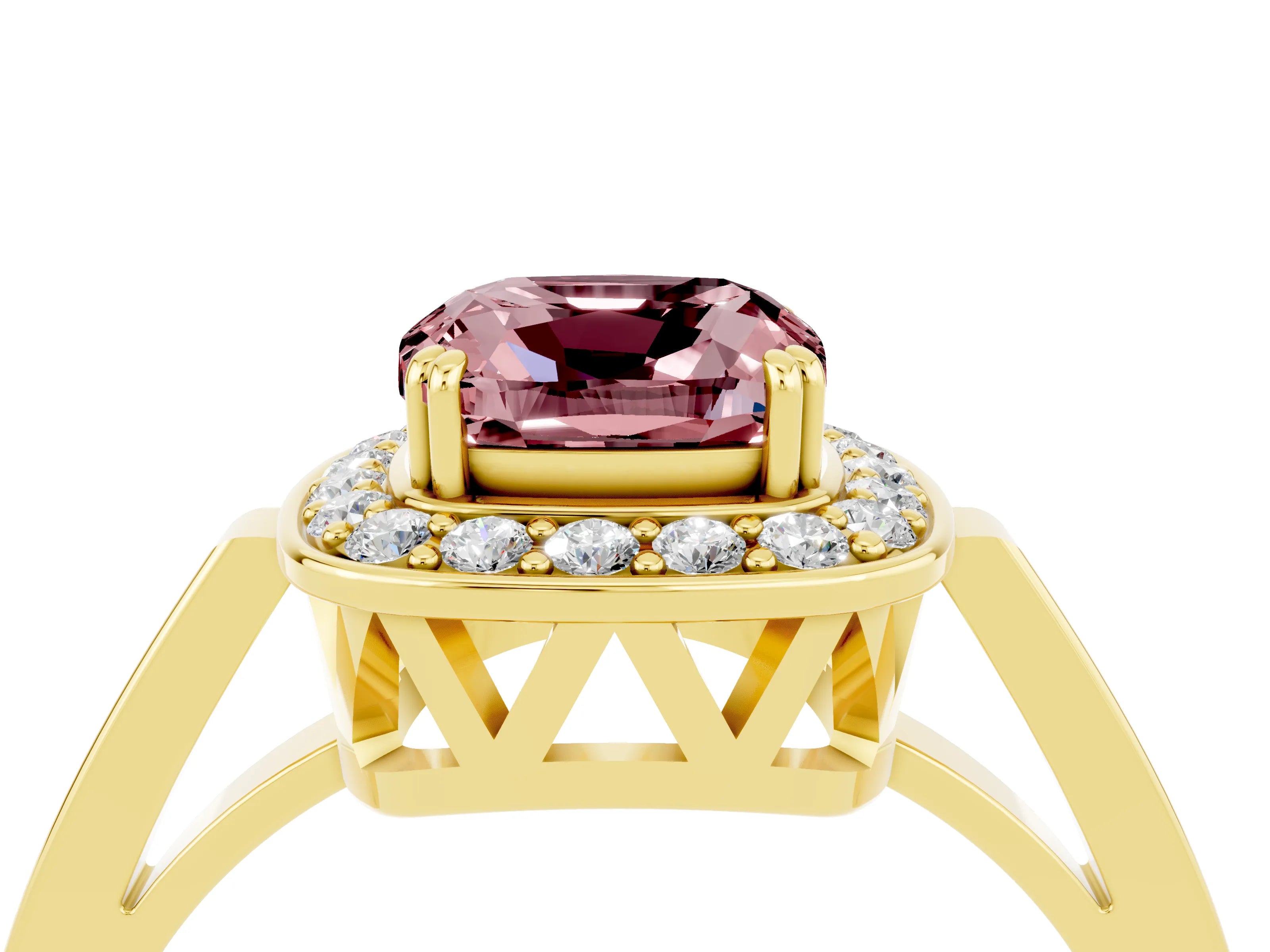 Yellow gold Cushion Cut Morganite Halo Ring with Split Shank and Four-Prong Setting_23