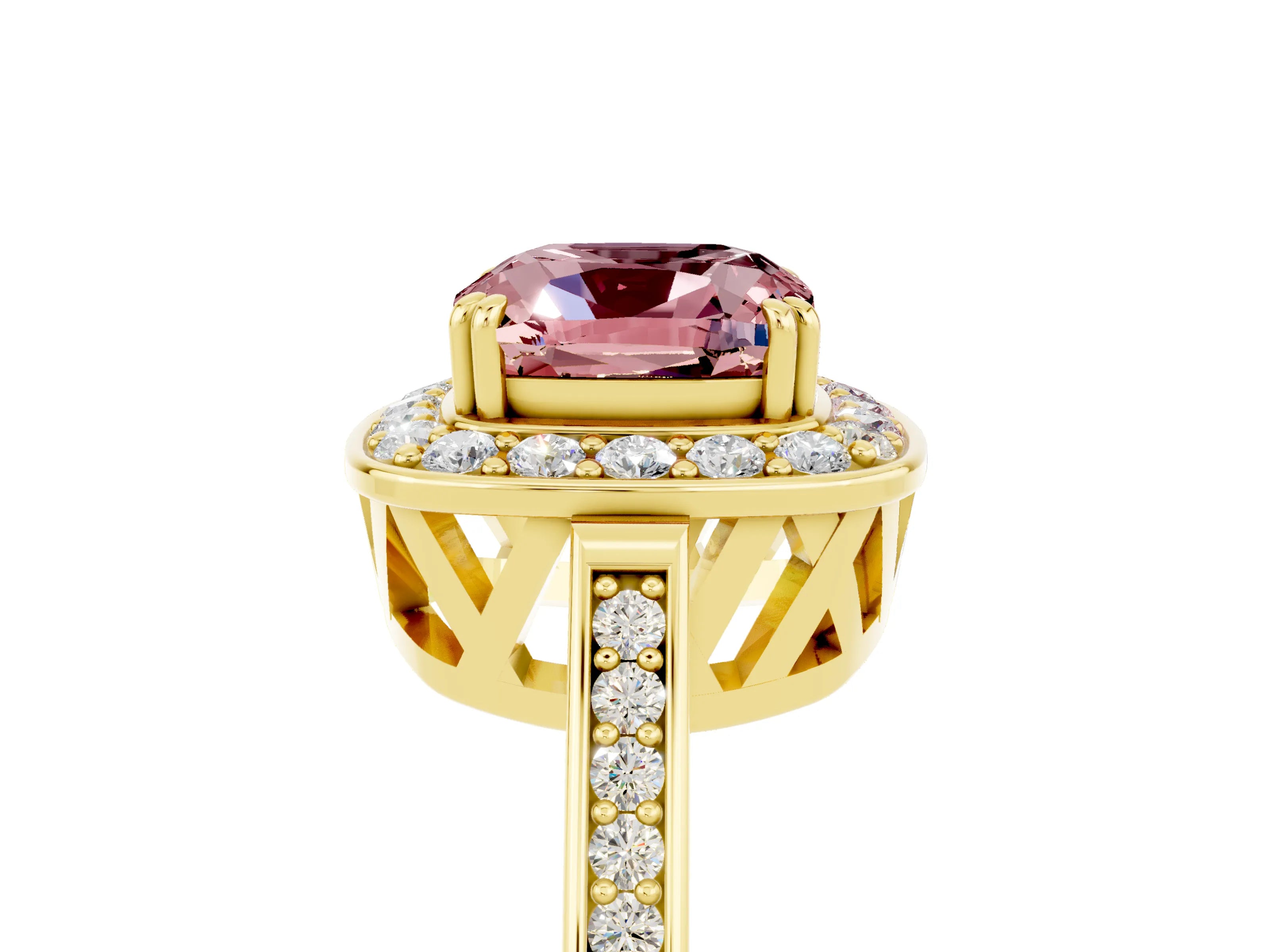 Yellow gold Cushion Cut Morganite Halo Ring with Split Shank and Four-Prong Setting_24