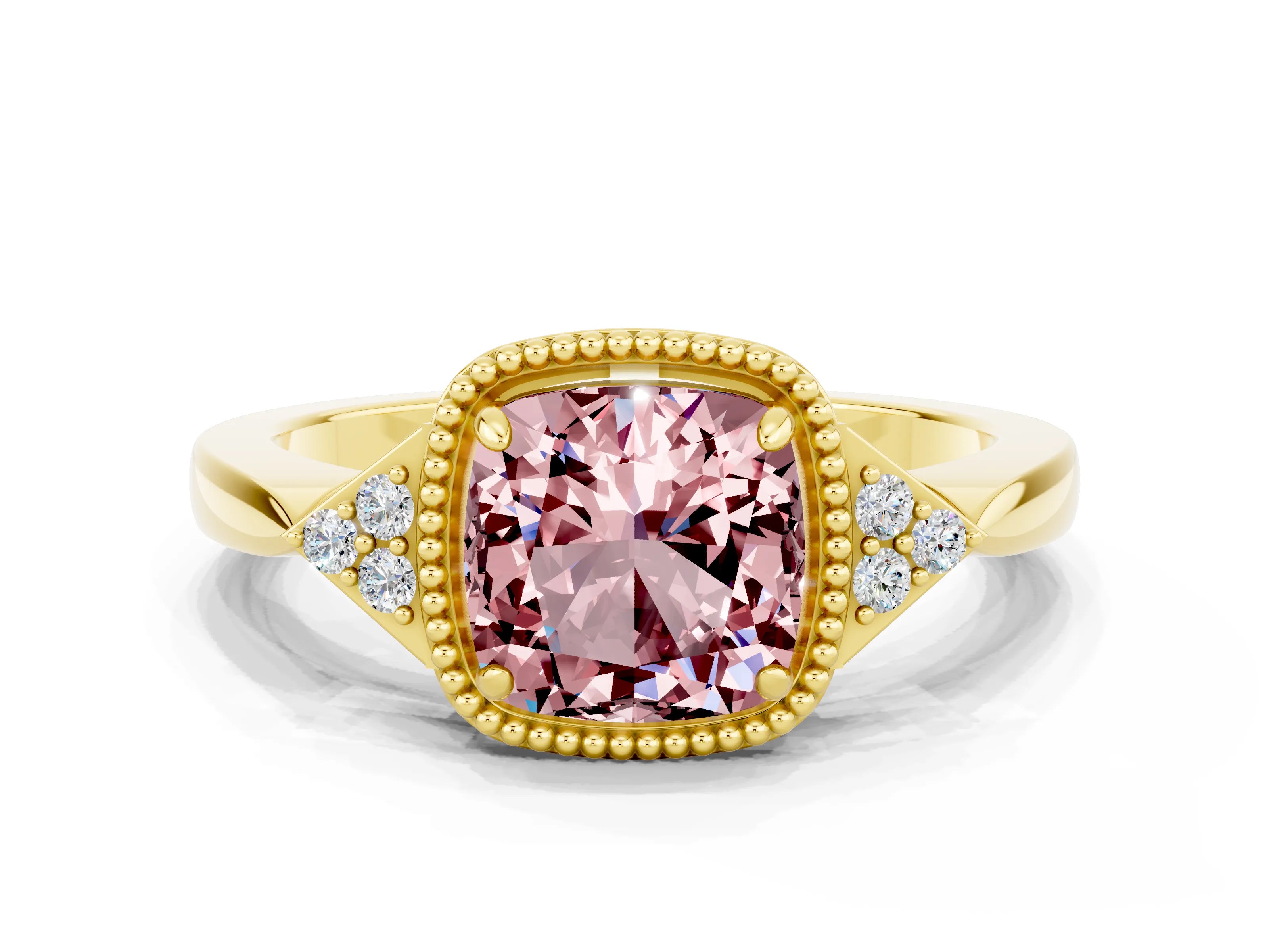 Yellow gold Cushion Cut Morganite Halo Ring with Tapered Band and Four-Prong Setting