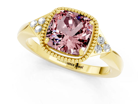 Yellow gold Cushion Cut Morganite Halo Ring with Tapered Band and Four-Prong Setting_1