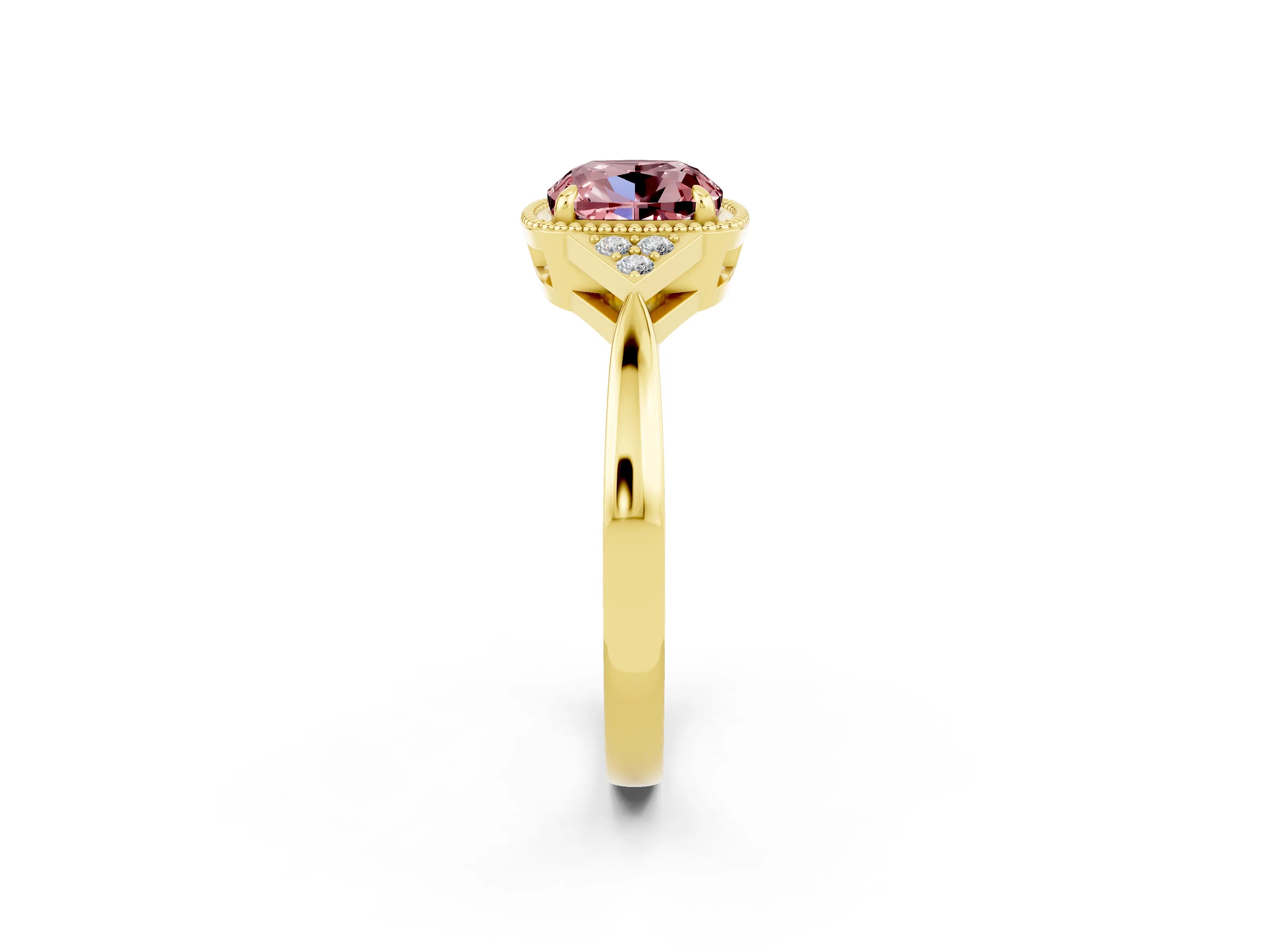 Yellow gold Cushion Cut Morganite Halo Ring with Tapered Band and Four-Prong Setting_2