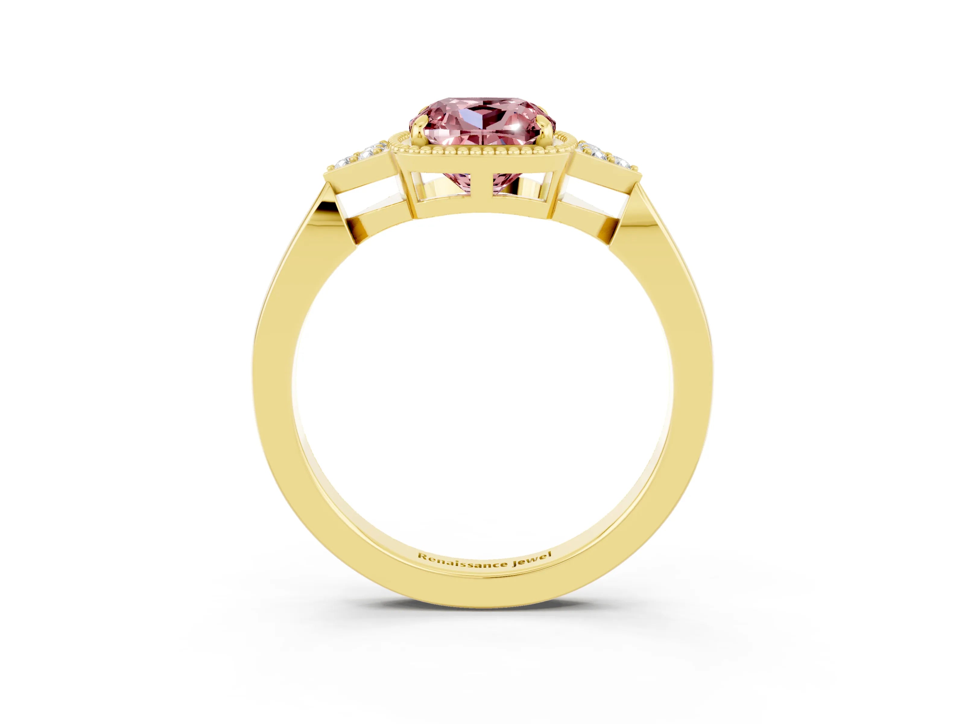 Yellow gold Cushion Cut Morganite Halo Ring with Tapered Band and Four-Prong Setting_3