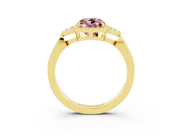 Yellow gold Cushion Cut Morganite Halo Ring with Tapered Band and Four-Prong Setting