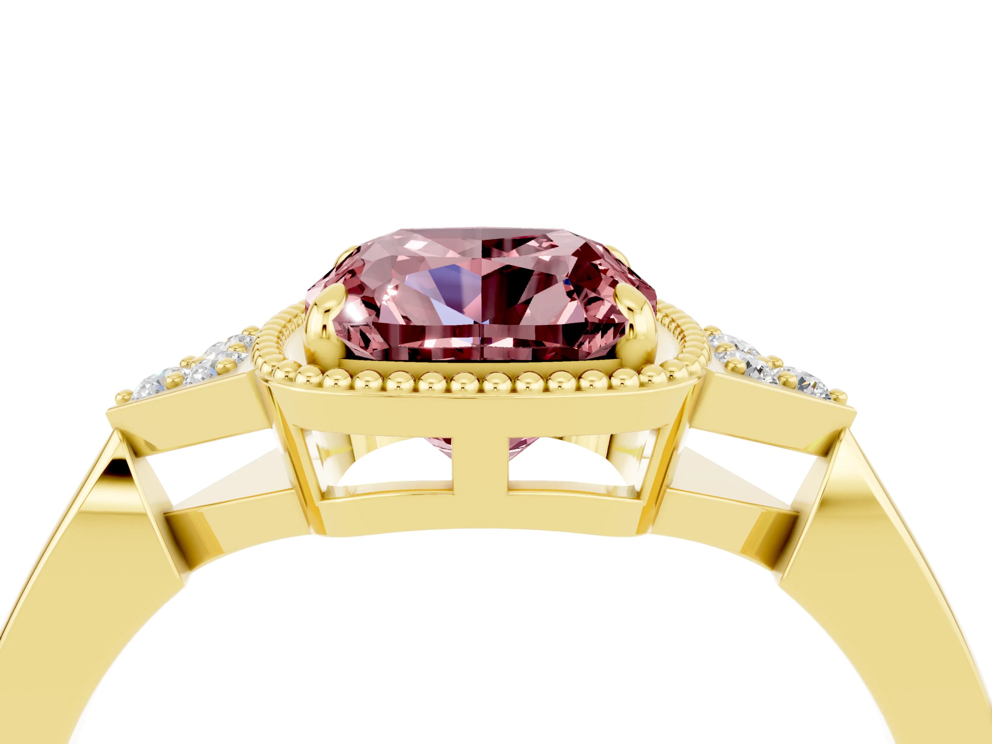 Yellow gold Cushion Cut Morganite Halo Ring with Tapered Band and Four-Prong Setting_4