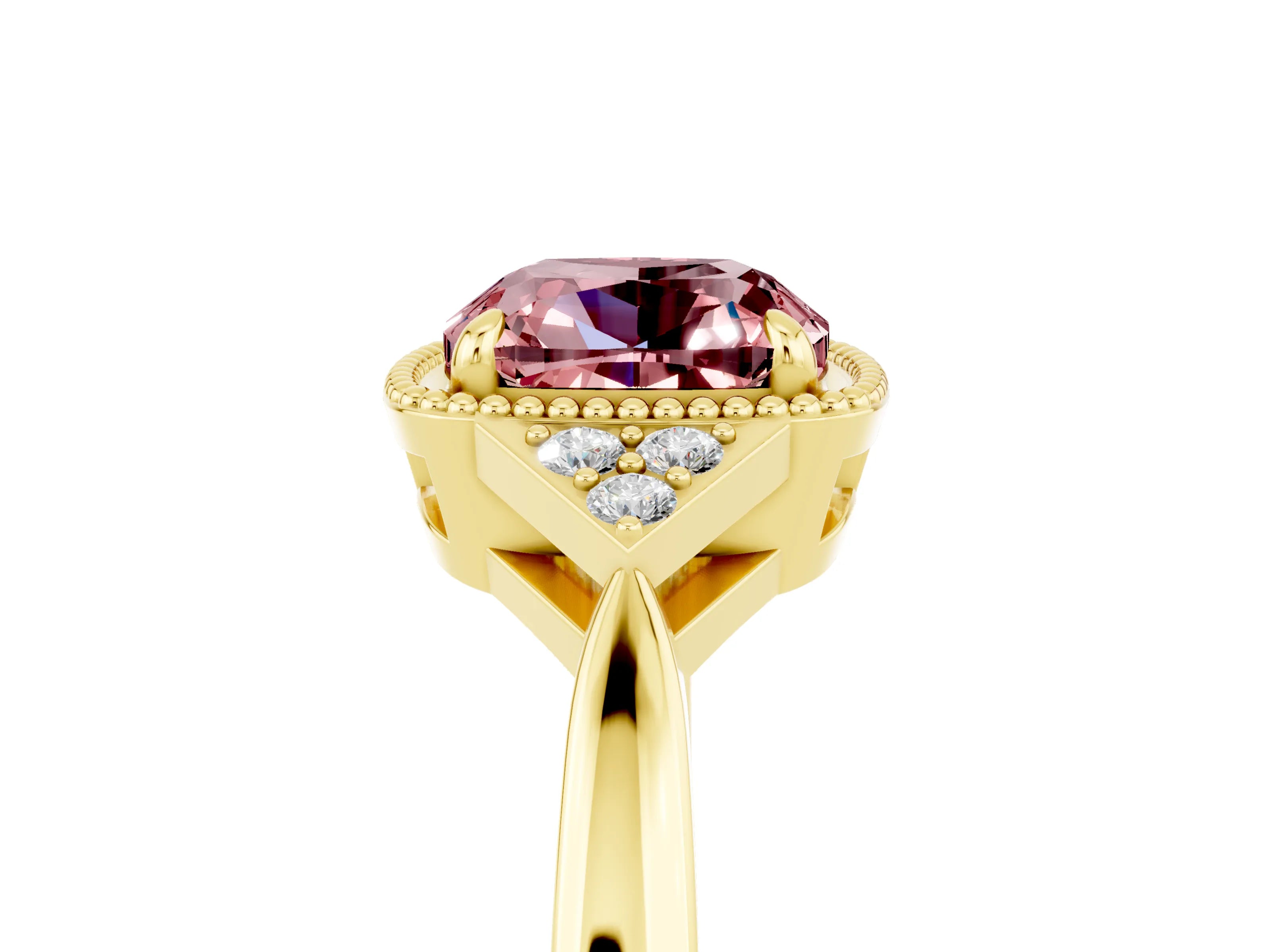 Yellow gold Cushion Cut Morganite Halo Ring with Tapered Band and Four-Prong Setting_5