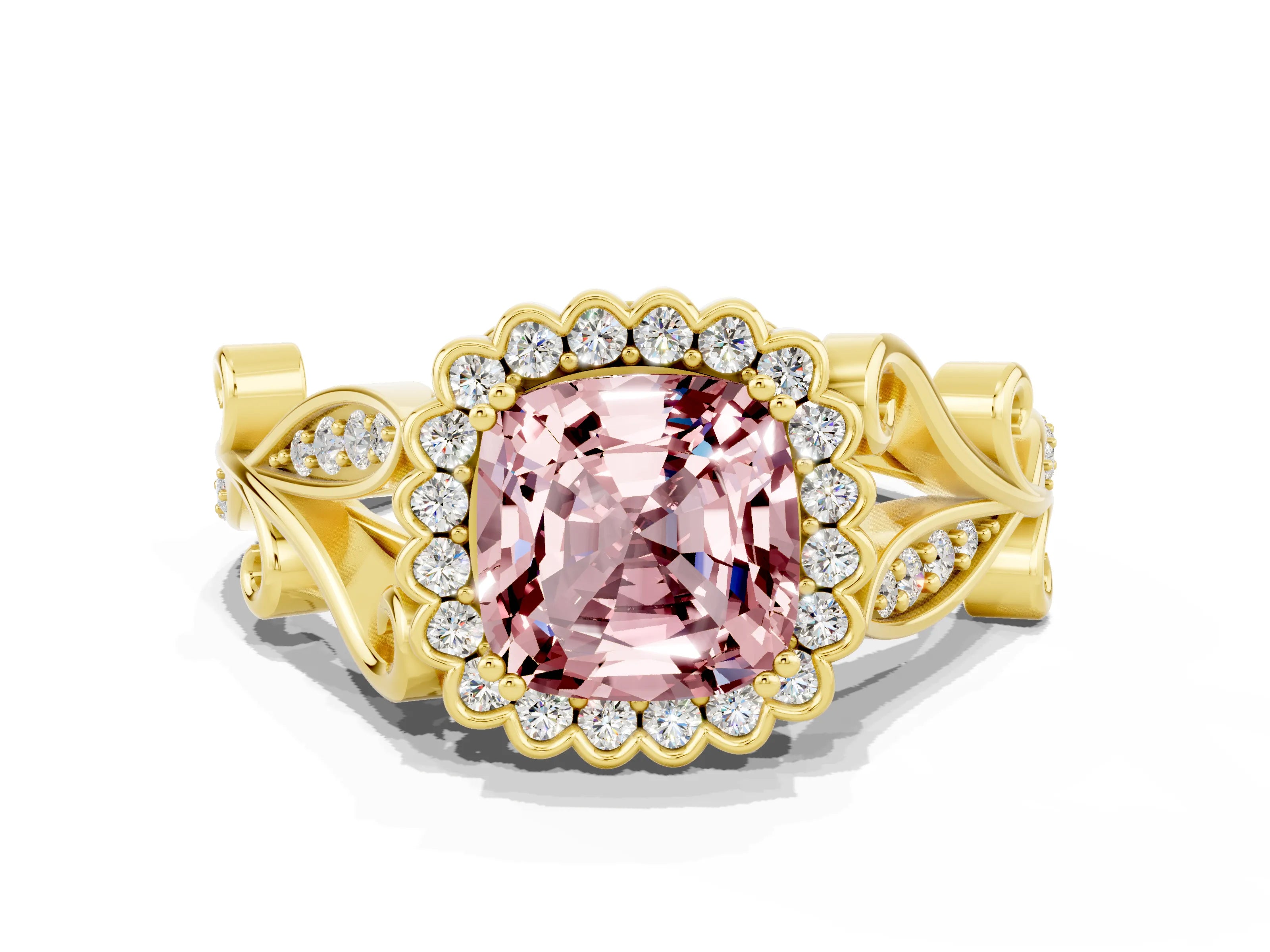 Yellow gold Cushion Cut Morganite Halo Ring with Vintage Split Shank and Four-Prong Setting
