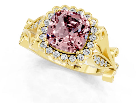 Yellow gold Cushion Cut Morganite Halo Ring with Vintage Split Shank and Four-Prong Setting_1