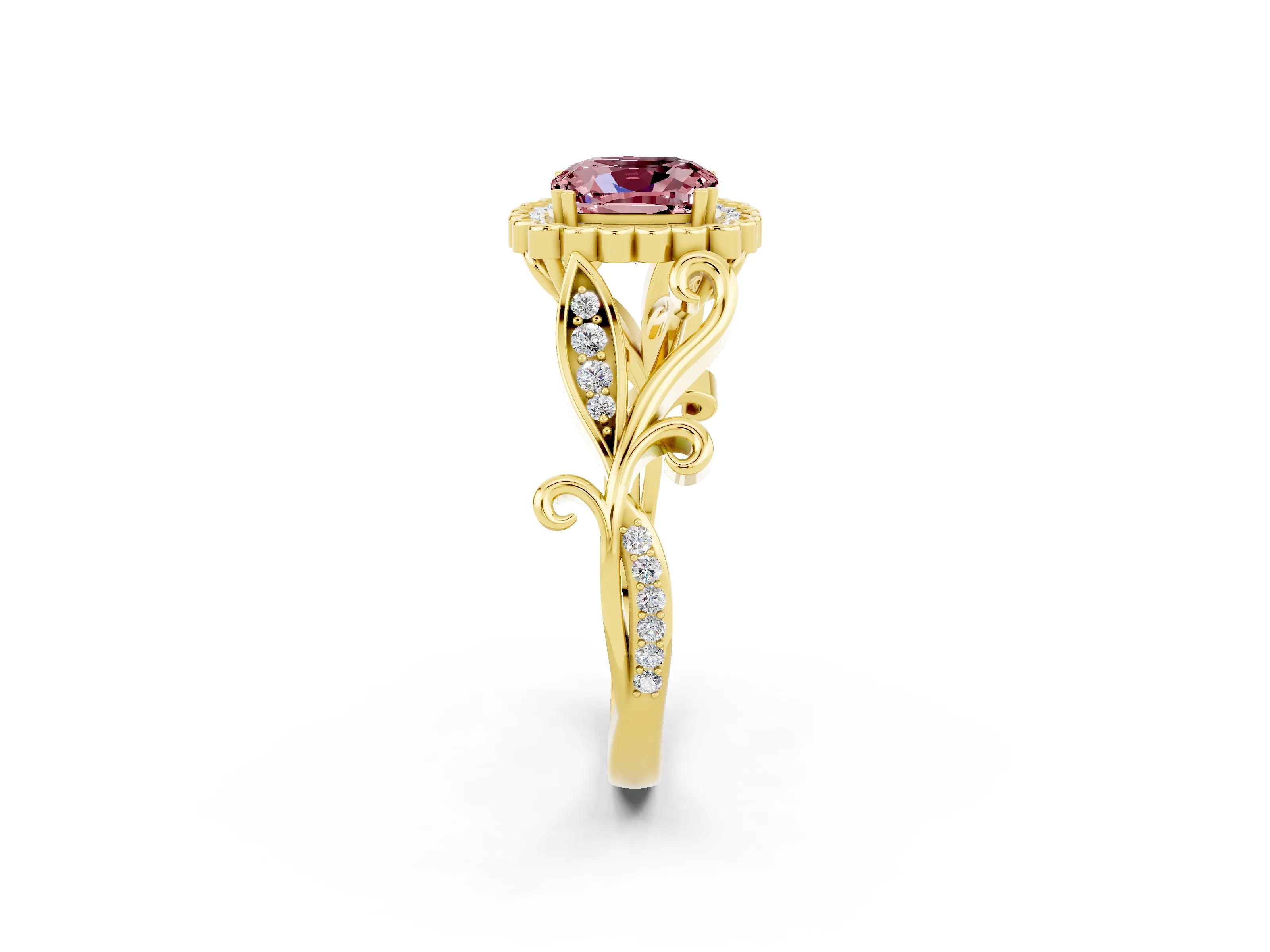Yellow gold Cushion Cut Morganite Halo Ring with Vintage Split Shank and Four-Prong Setting_2