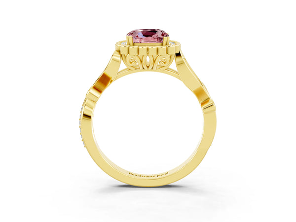 Yellow gold Cushion Cut Morganite Halo Ring with Vintage Split Shank and Four-Prong Setting