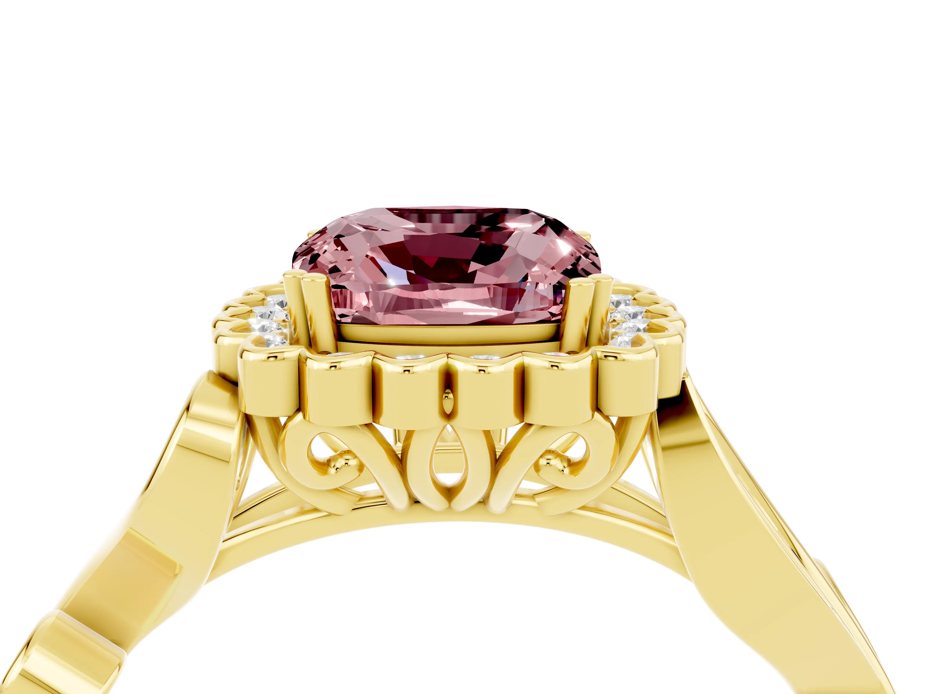 Yellow gold Cushion Cut Morganite Halo Ring with Vintage Split Shank and Four-Prong Setting_4