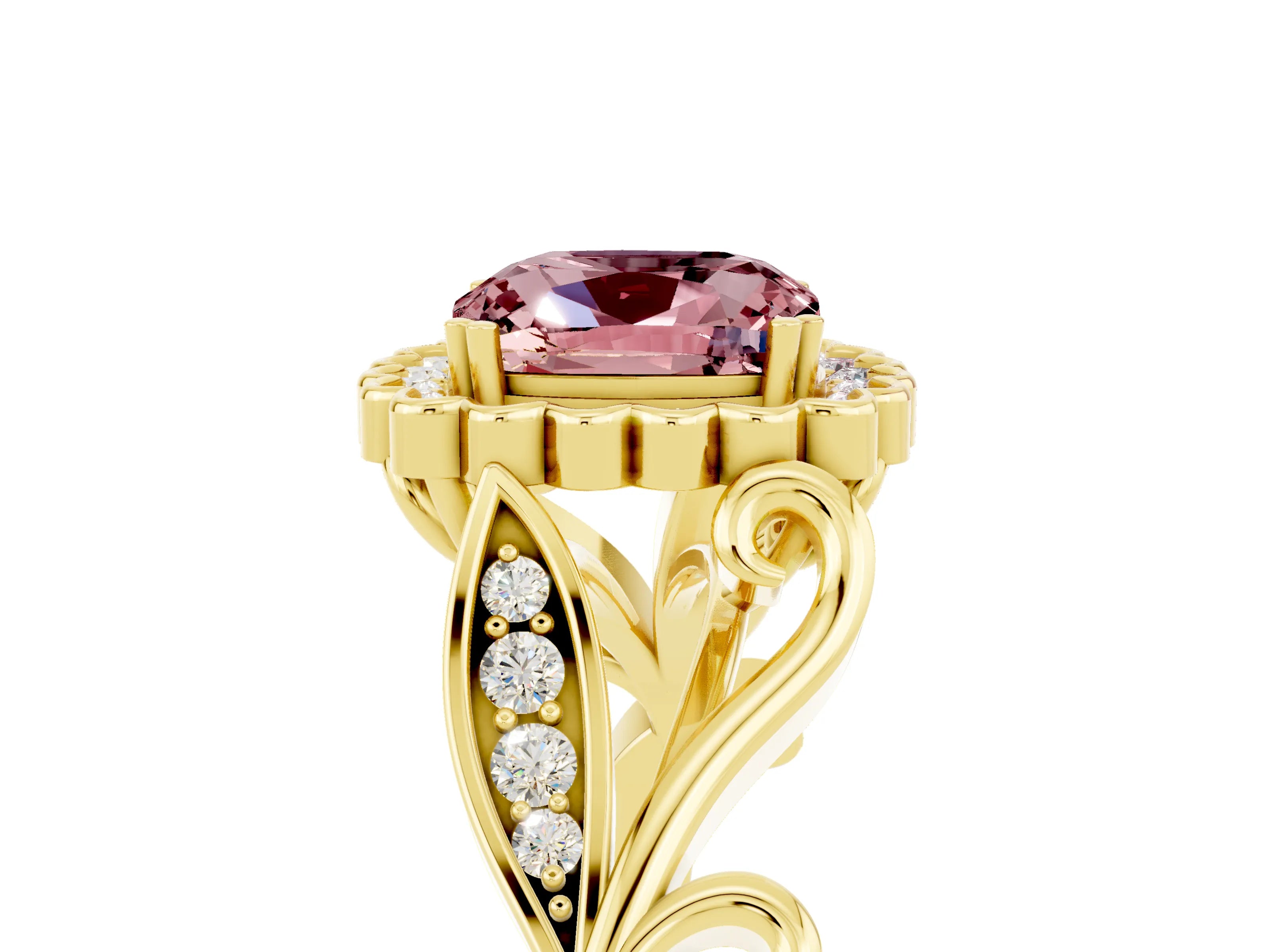 Yellow gold Cushion Cut Morganite Halo Ring with Vintage Split Shank and Four-Prong Setting_5