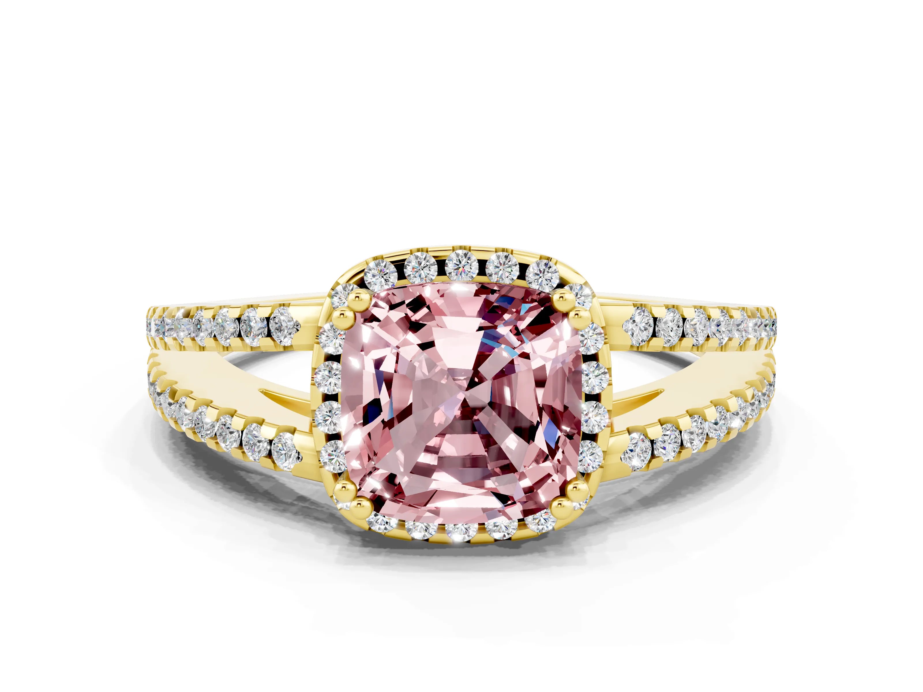 Yellow gold Cushion Cut Morganite Halo Split Shank Engagement Ring_12