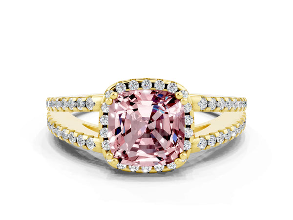 Yellow gold Cushion Cut Morganite Halo Split Shank Engagement Ring