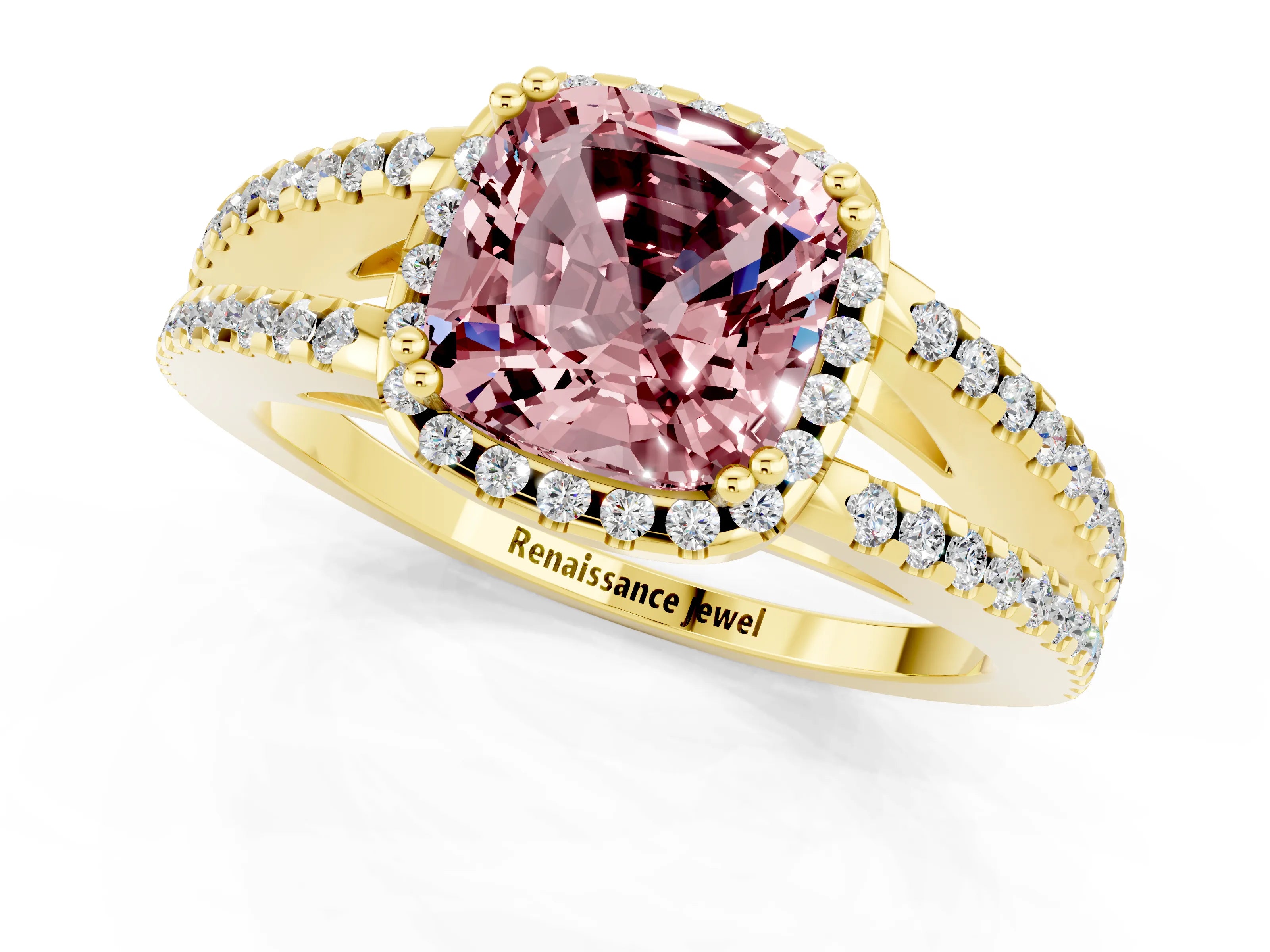 Yellow gold Cushion Cut Morganite Halo Split Shank Engagement Ring_13