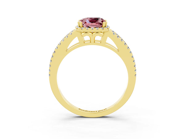Yellow gold Cushion Cut Morganite Halo Split Shank Engagement Ring