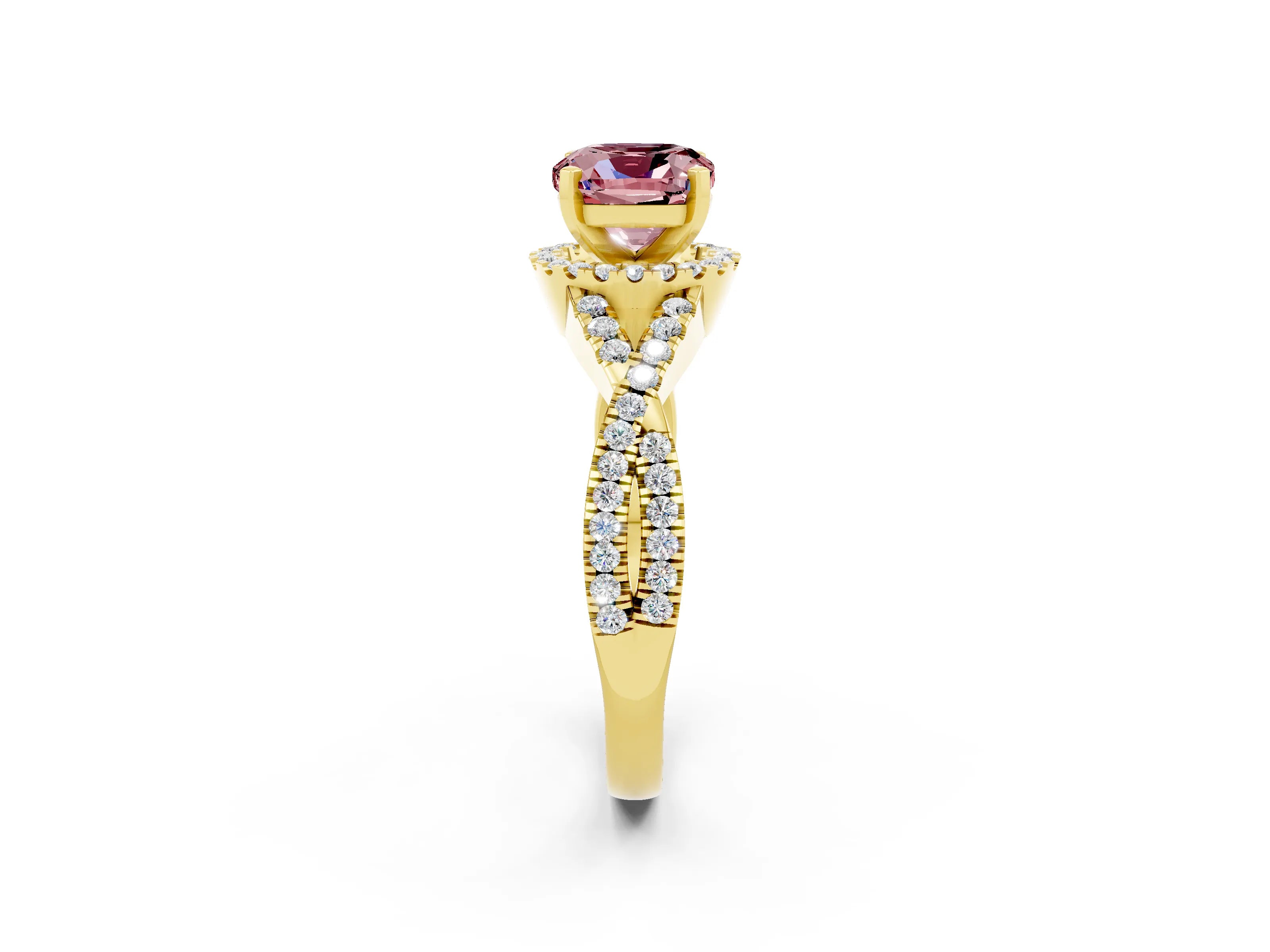 Yellow gold Cushion Cut Morganite Halo Twist Band Solitaire Prong Setting Ring_2