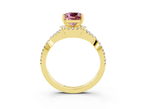 Yellow gold Cushion Cut Morganite  Halo Twist Band Solitaire Prong Setting Ring
