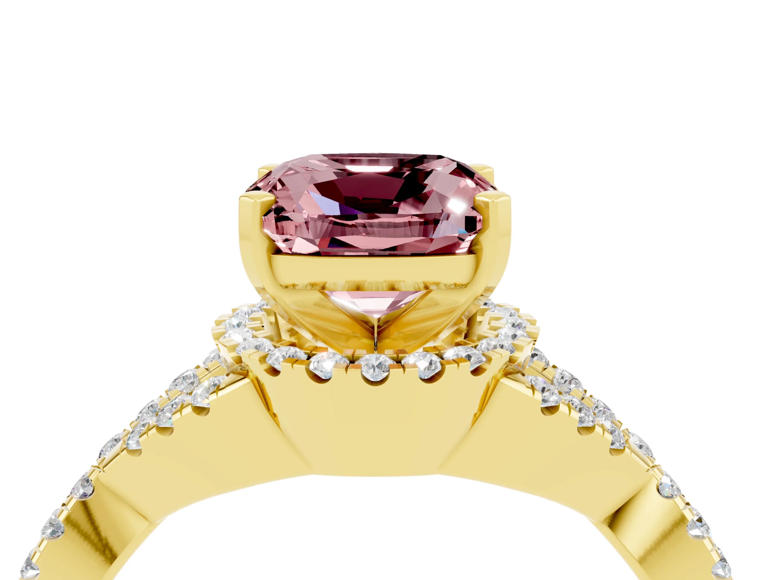 Yellow gold Cushion Cut Morganite Halo Twist Band Solitaire Prong Setting Ring_4