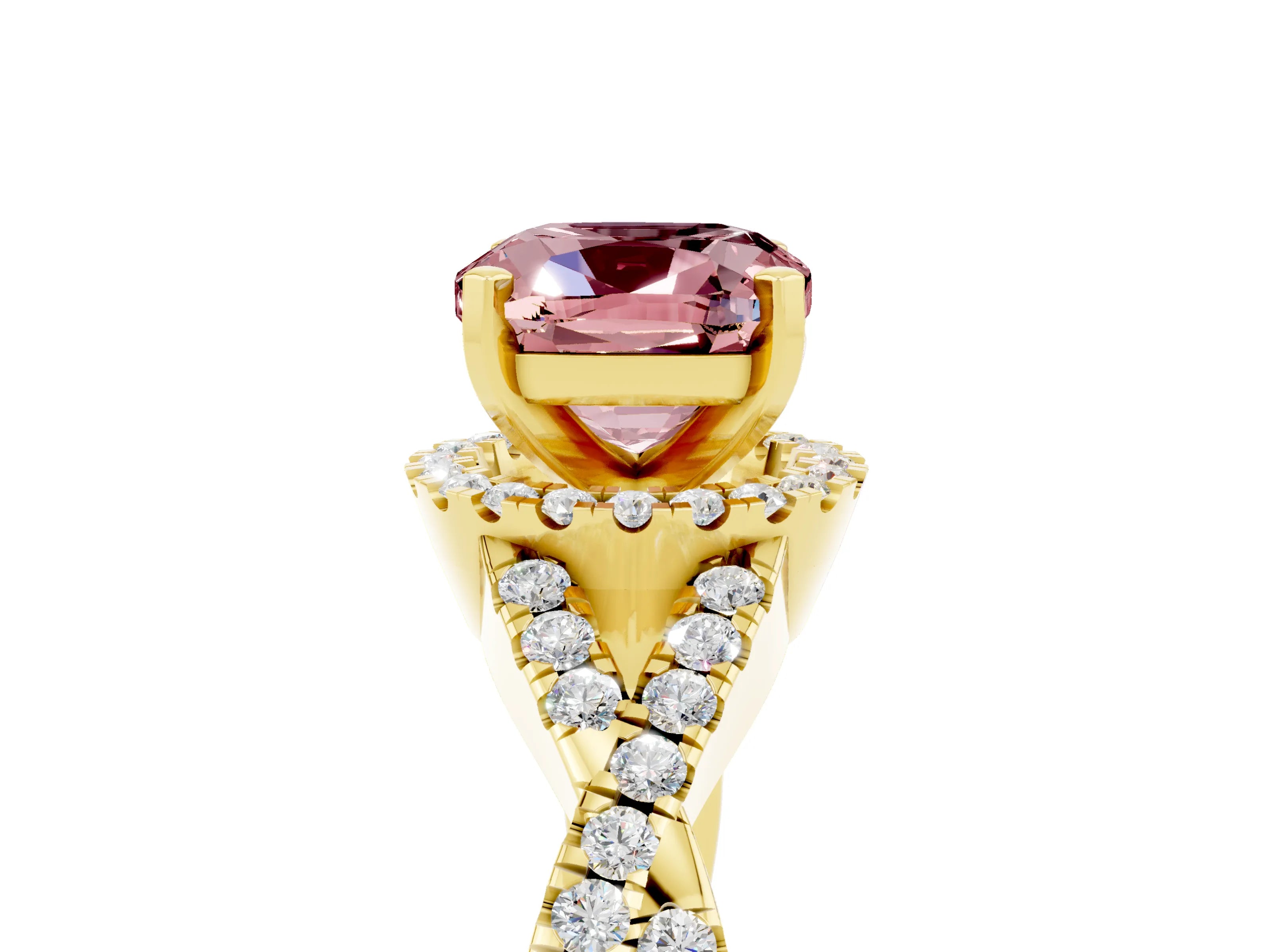 Yellow gold Cushion Cut Morganite Halo Twist Band Solitaire Prong Setting Ring_5
