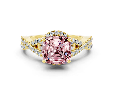 Yellow gold Cushion Cut Morganite Halo Twist Band Solitaire Prong Setting Ring
