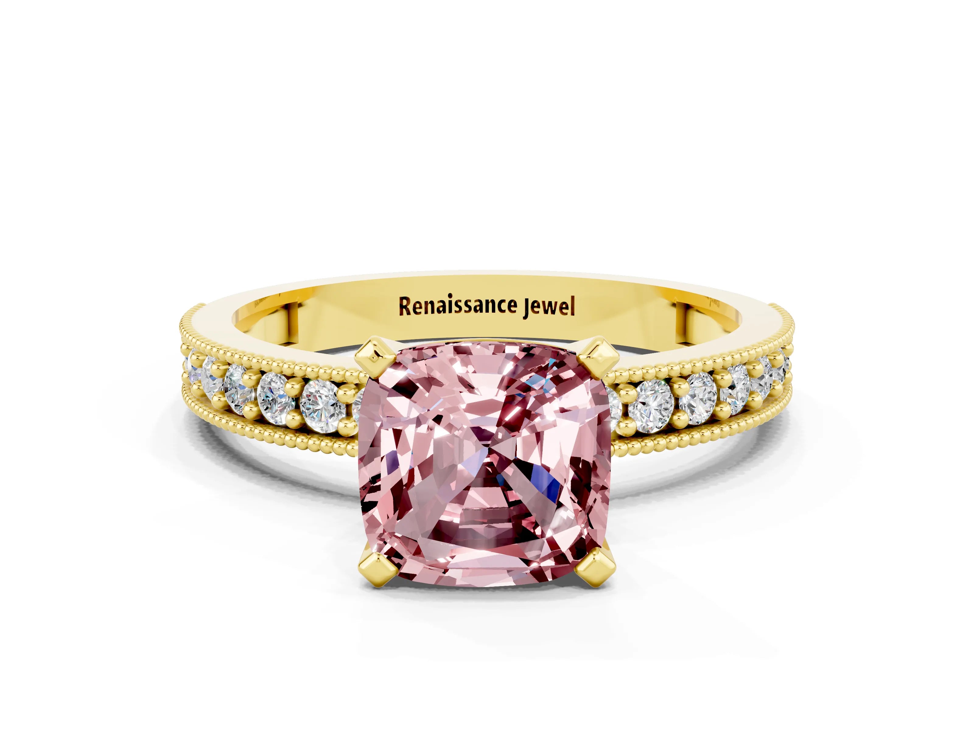 Yellow gold Cushion Cut Morganite Milgrain Pavé Engagement Ring with Four-Prong Setting_12