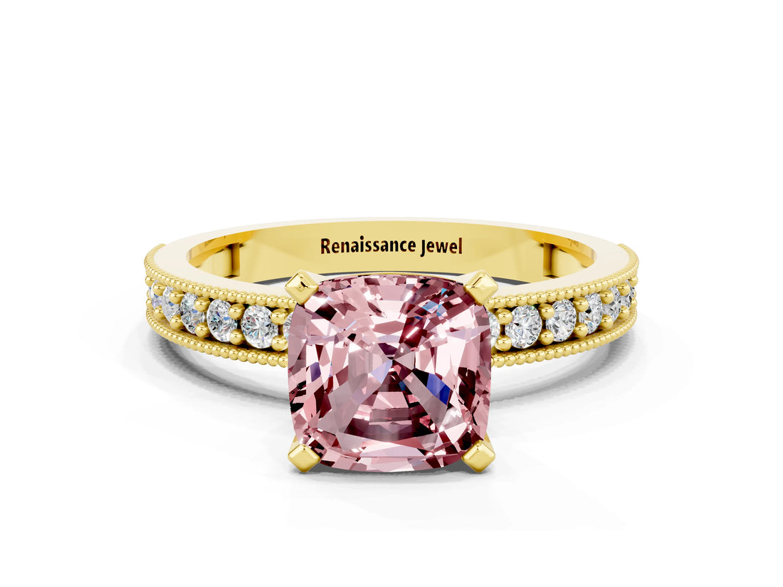 Yellow gold Cushion Cut Morganite Milgrain Pavé Engagement Ring with Four-Prong Setting_12