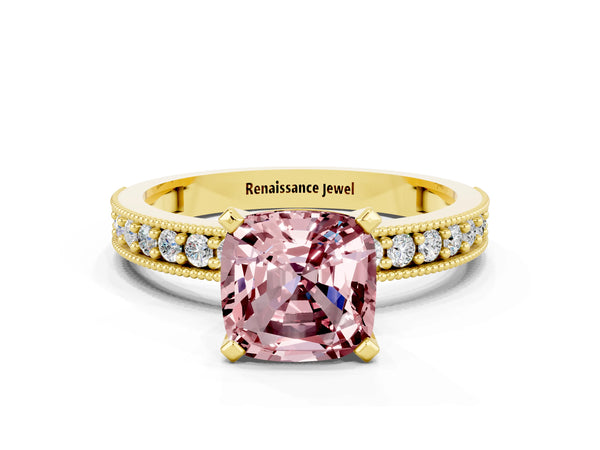 Yellow gold Cushion Cut Morganite Milgrain Pavé Engagement Ring with Four-Prong Setting